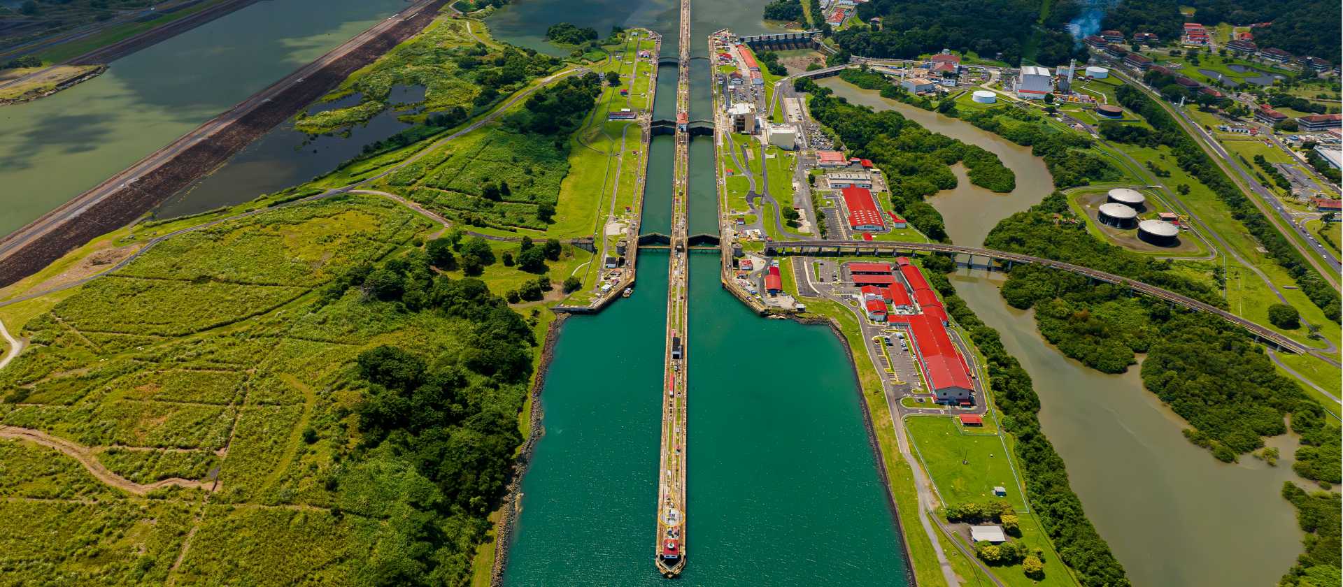 An aerial view of the famous Panama Canal
