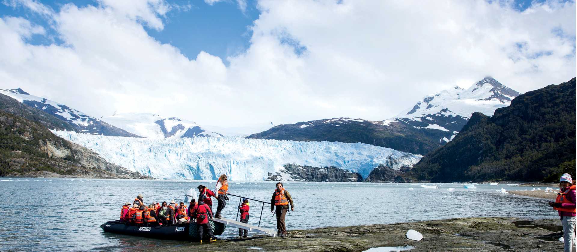 Exploring Brookes Glacier on the zodiacs with Australis