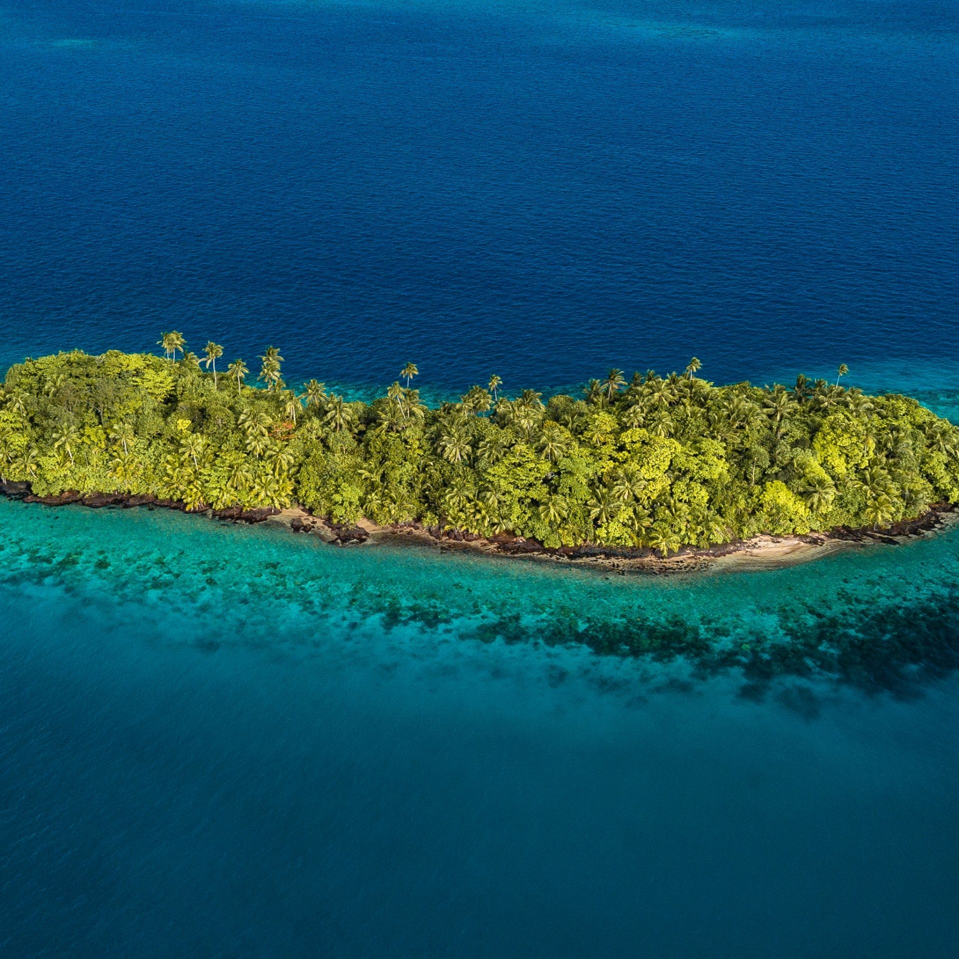 Wallis and Futuna islet fringed by coral reef in a turquoise lagoon