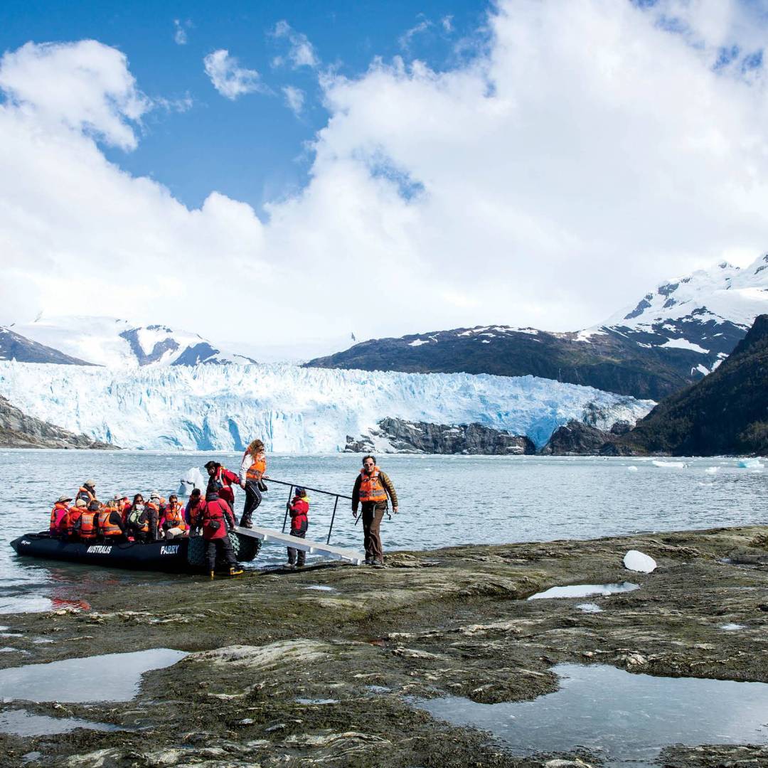 Exploring Brookes Glacier on the zodiacs with Australis